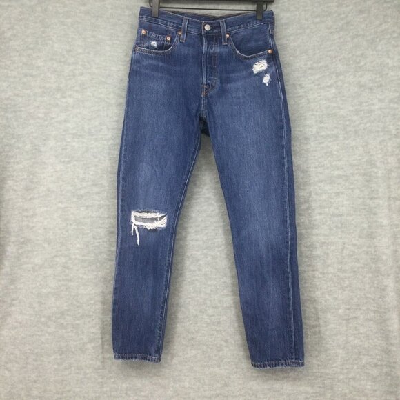 Levis 501 Jeans 27x28 Button Fly Skinny Tapered Distressed Medium Mom - Picture 1 of 16